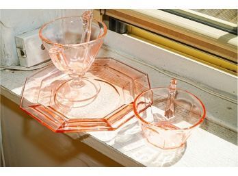 Large Pink Depression Glass Serving Plate And 2 Bowls EXQUISITE!