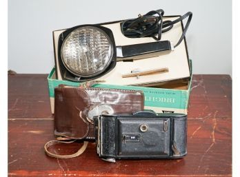 Mid Century Sears Brite Beam Movie Light  And Vintage Voigtlander Bessa Germany Folding Camera Voigtar Lens