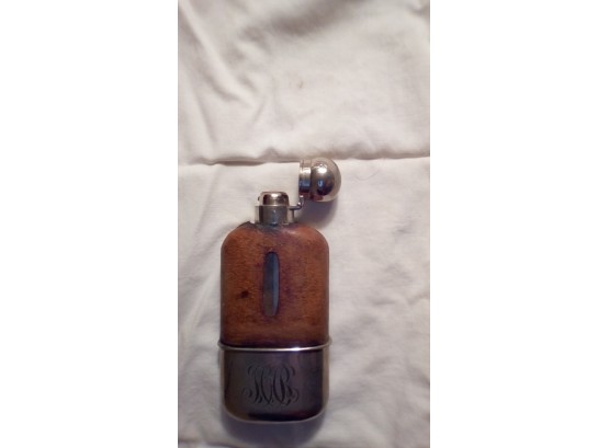 Antique Sterling Flask Leather And Glass