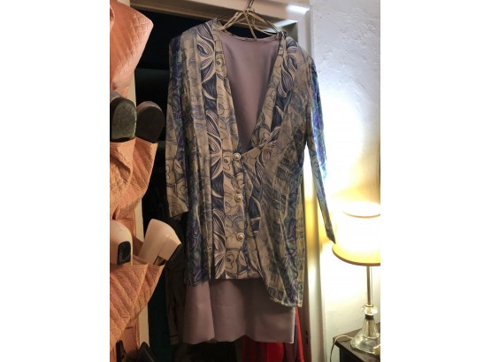 Retro Abstract Jacket Over Solid Grey Silk Dress