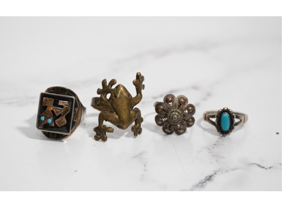 4 Vintage Sterling Silver Rings, Turquoise, Frog, Etc