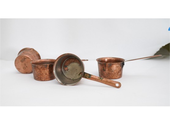 Group Of 4 Vintage Copper Small Handled Vessels,  Butter