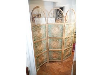 Mid~Century 3 Panel Rattan And Fabric Room Divider/screen See Specs Below!