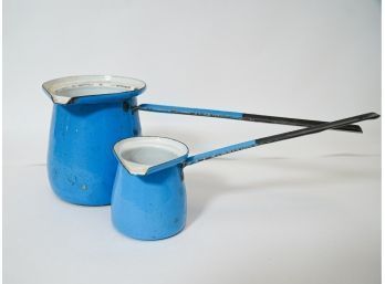 Two Vintage Blue Enamel Butter Warmer Vessels