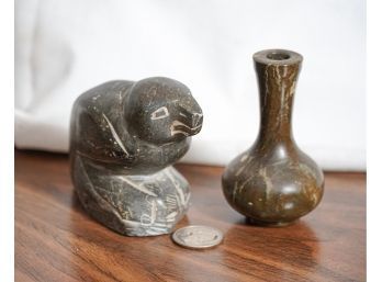 Canadian Eskimo Hand Carved Seal And Mini Vase Stone