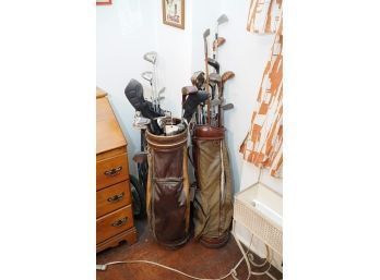 LARGE Group Of Vintage Golf Clubs, Wood And Metal With Bags!
