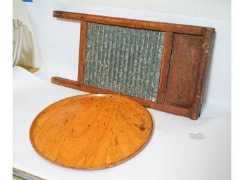 Antique Wash Board And Round Wooden Tray