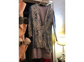 Retro Abstract Jacket Over Solid Grey Silk Dress