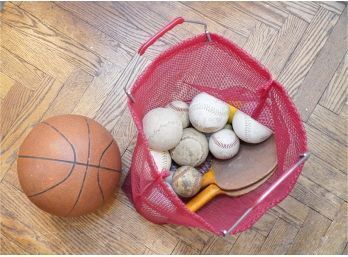 Bag Of Vintage Baseballs And A Basketball, And Ping Pong Paddles
