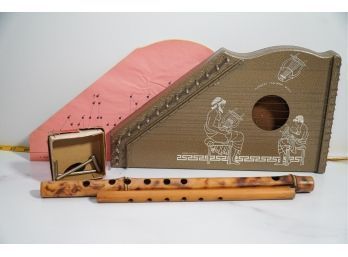 Vintage Harbert Italiana Zither In Original Box With Instructions! And Two Wooden Fl