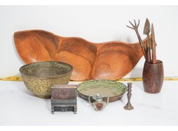 Group Of Vintage Copper Plate,  Indoor Garden Set , Mid Century Nut Tray, Etched Brass Bowl, And Three Miniat