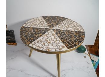Mid Century Modern Mosaic Round End Table Black, Gold  And White, Brass Legs