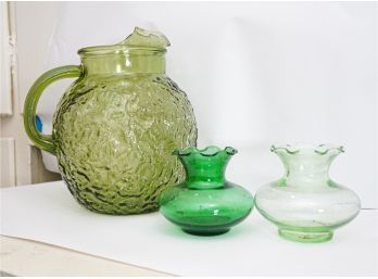Retro Large Green Glass Pitcher And Two Small Vases