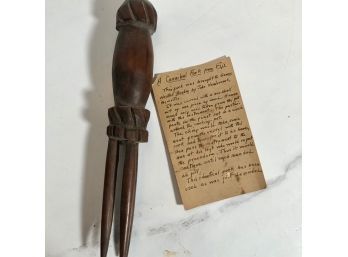 Vintage Hand Carved Wooden Fijian Fork With Handwritten Description