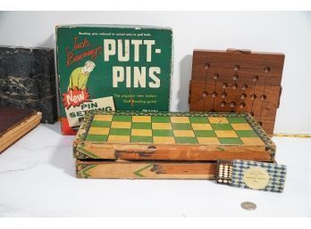 Lot Of Vintage Games, Mini Abacus, Parcheesi, Putt-pins, And Backgammon