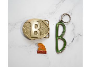 Brass 'B' Belt Buckle, Keychain And Coca Cola Pin