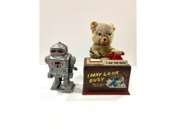 RARE~~~  Battery Operated Linemar Made In Japan Bear At Desk~ I Am The Boss! And  Wind Up  MTU Robot