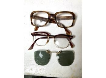 Three Vintage Eye Glasses Including Polaroid Sunglass Clip Ons