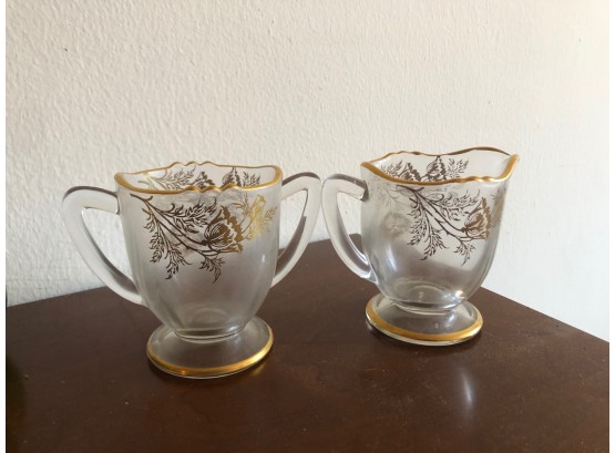 Vintage Gold Painted On Glass Creamer And Sugar