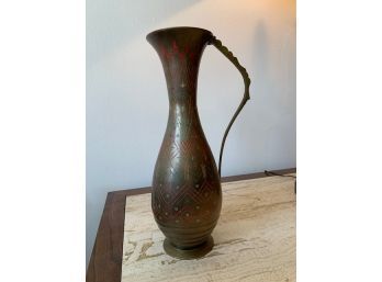 Made In India Solid Brass Colored Details Etched Pitcher Approx 12' Tall