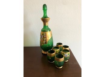 Murano Emerald Green Glass Liqueur Set HAND PAINTED IN GOLD AND FLORAL ACCENTS