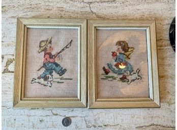 Pair Of Vintage Children's Framed Needleworks