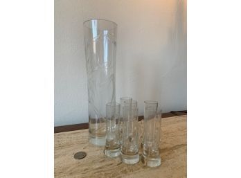 European Etched Glass Set 6 Glasses With Handles And Pitcher