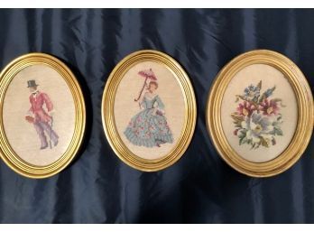 Group Of Three Needleworks In 8 X 10 Goldtone Oval Frames
