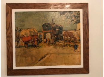 Retro Framed Van Gogh Gypsy Cart With Horse Carriage In Solid Oak Frame