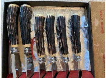 Antler Handled Carving Set With 4 Steak Knives In Original Box