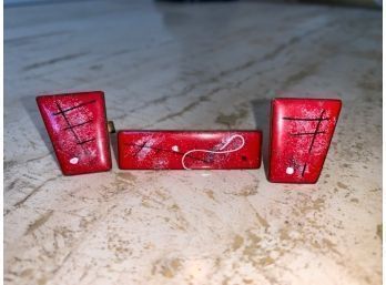EPIC MCM  Red Enamel On Copper Cufflink And Tie Clip Set