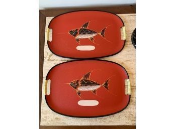 Pair Of Large Oval Trays With Hand Painted Fish Fiberboard Made In Japan