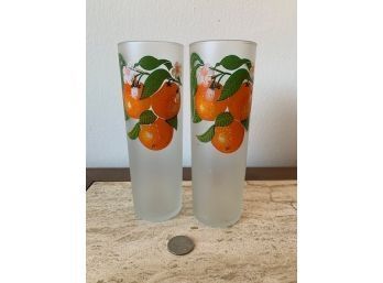 2 MCM Frosted Ice Tea Glasses With Oranges