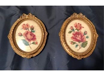 Pair Of Needlework Framed In Gold Tone Ovals 5 X 7'