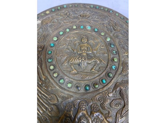 Vintage Nepal/tibetan Embossed And Jeweled With Turquoise Stones Round Box