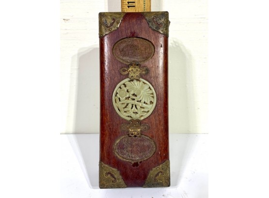 Antique Mahogany, Jade And Brass Jewelry Box