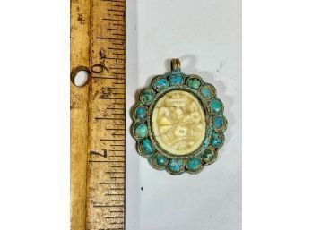 Antique Turquoise And Carved Bone Pendent