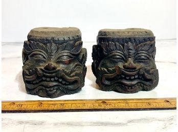 Pair Of Architectural Wood Carved Laughing Faces