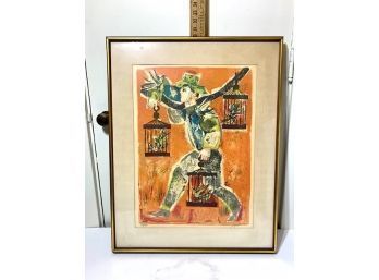 Man Holding Birds, Framed And Signed Lithograph 63/120 By Laiquot