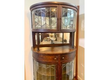 Elegant Oak And Glass Display Cabinet Multi Shelves And 2 Drawers Mirrored Back