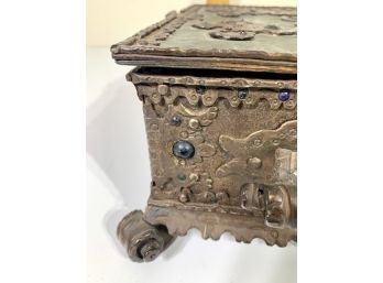 Rare Handcrafted Antique Arts And Crafts Bejeweled Hammered Copper Casket Box
