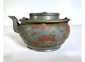 Asian Clay And Pewter Dragon Teapot Stamped On Bottom