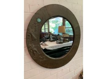 Antique Copper Over Wood Dutch Large Round Mirror Embossed Figures With Stone Adornment
