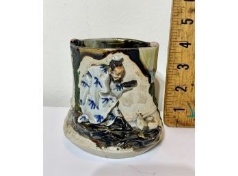Antique Asian Signed Hand Painted Mud Pot With Man