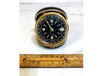 Elgin Bradley Date, AlarmTravel Clock Black Leatherette And Brass Case
