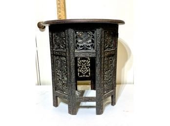 Antique Indonesian Folding Ornate Wood Table. Occasional, Side Missing Panel As Shown