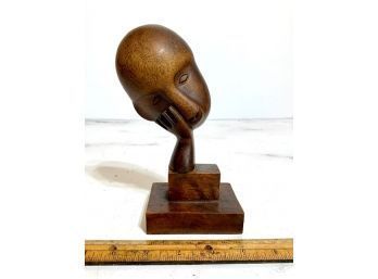 Small Wood Carved Hand Holding Face African~ Sculpture On Base