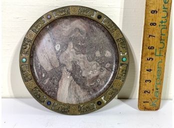 Antique 9' Round Marble Plate With Brass Jeweled Rim