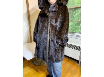 Hooded Mink Coat Size 10 Very Good Condition