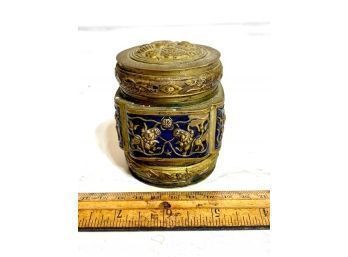 Antique Brass And Enamel Chinese Tea Caddy Bee On Cover Lions All Around